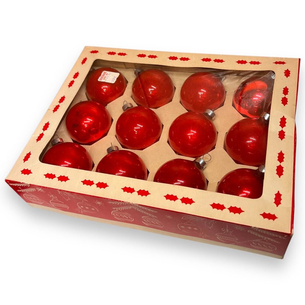 COPY - 12 Vintage Coby Glass Red Christmas ornaments Original Box USA hand Blow…